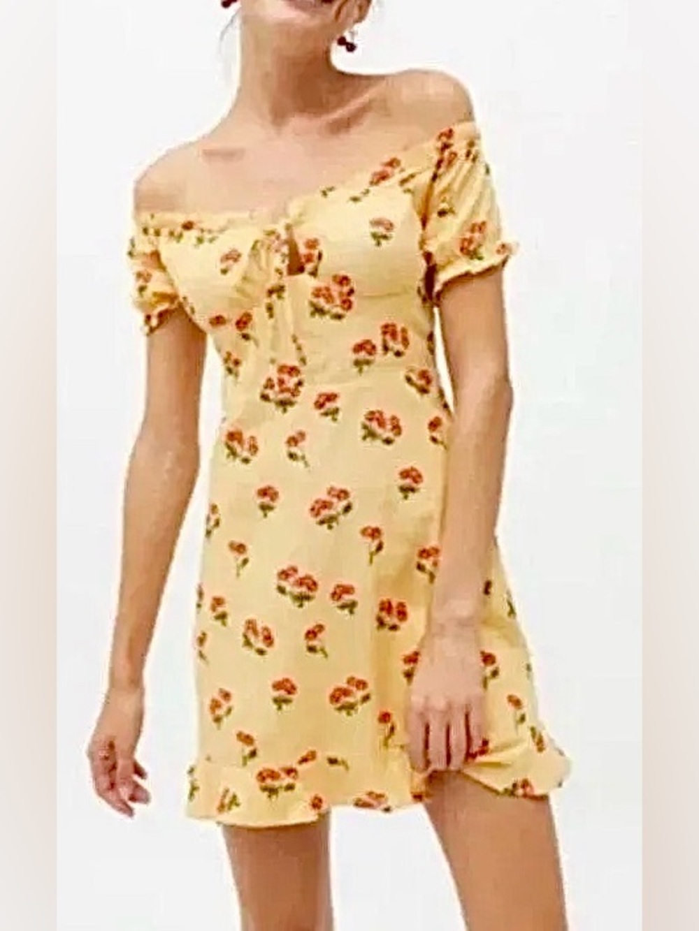 URBAN OUTFITTERS Yellow Cherry Print Magpie Milkmaid Mini Dress Size Large
